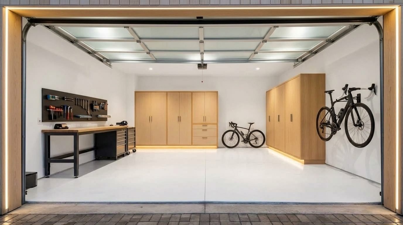 Wael Master Garage Door Interior View of Custom Garage Door Overhead and Workshop